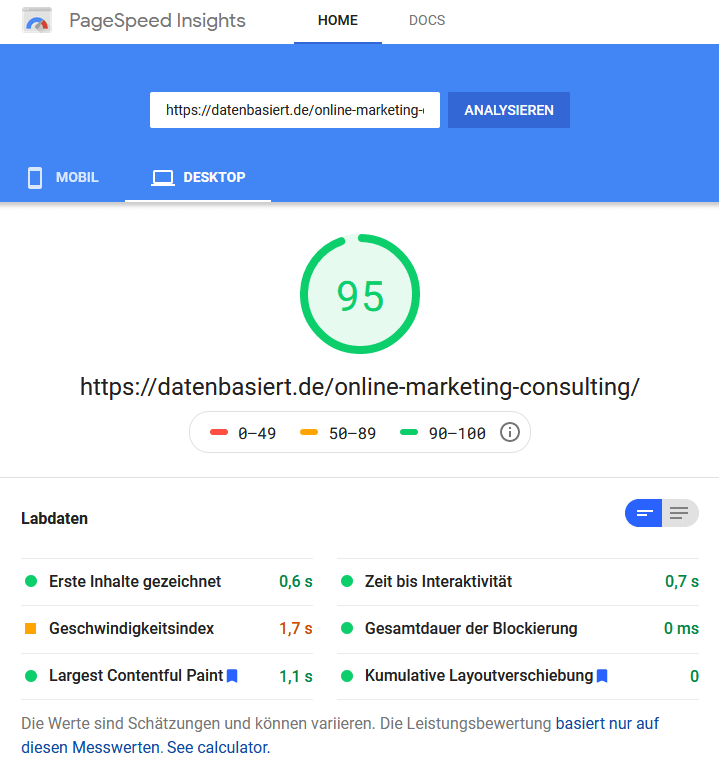 datenbasiert.de PageSpeedInsights
